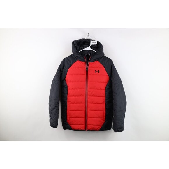 Under Armour Boys Size Large Color Block ColdGear Hooded Puffer Jacket Red